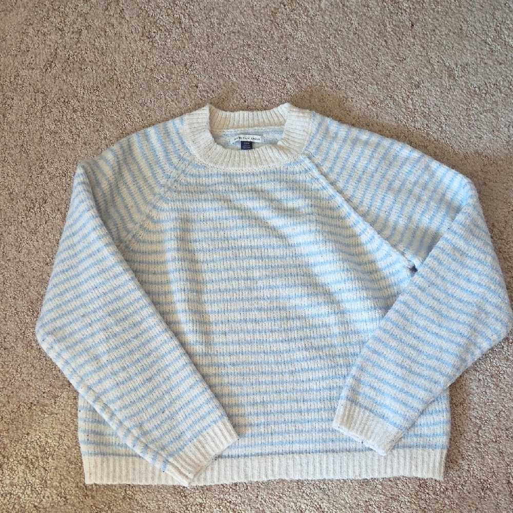 American Eagle Outfitters Cream and Blue Striped Cropped Crewneck Sweater